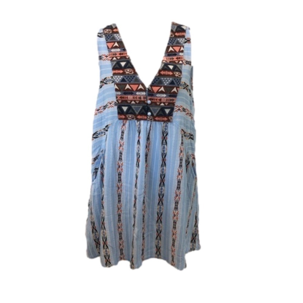 Umgee Size S sleeveless v-neck blue with Aztec print pullover dress pockets
